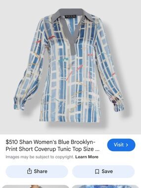 Quiet luxury 100% silk SHAN Blue Geometric-Print V-Neck Tunic with Grey Trim